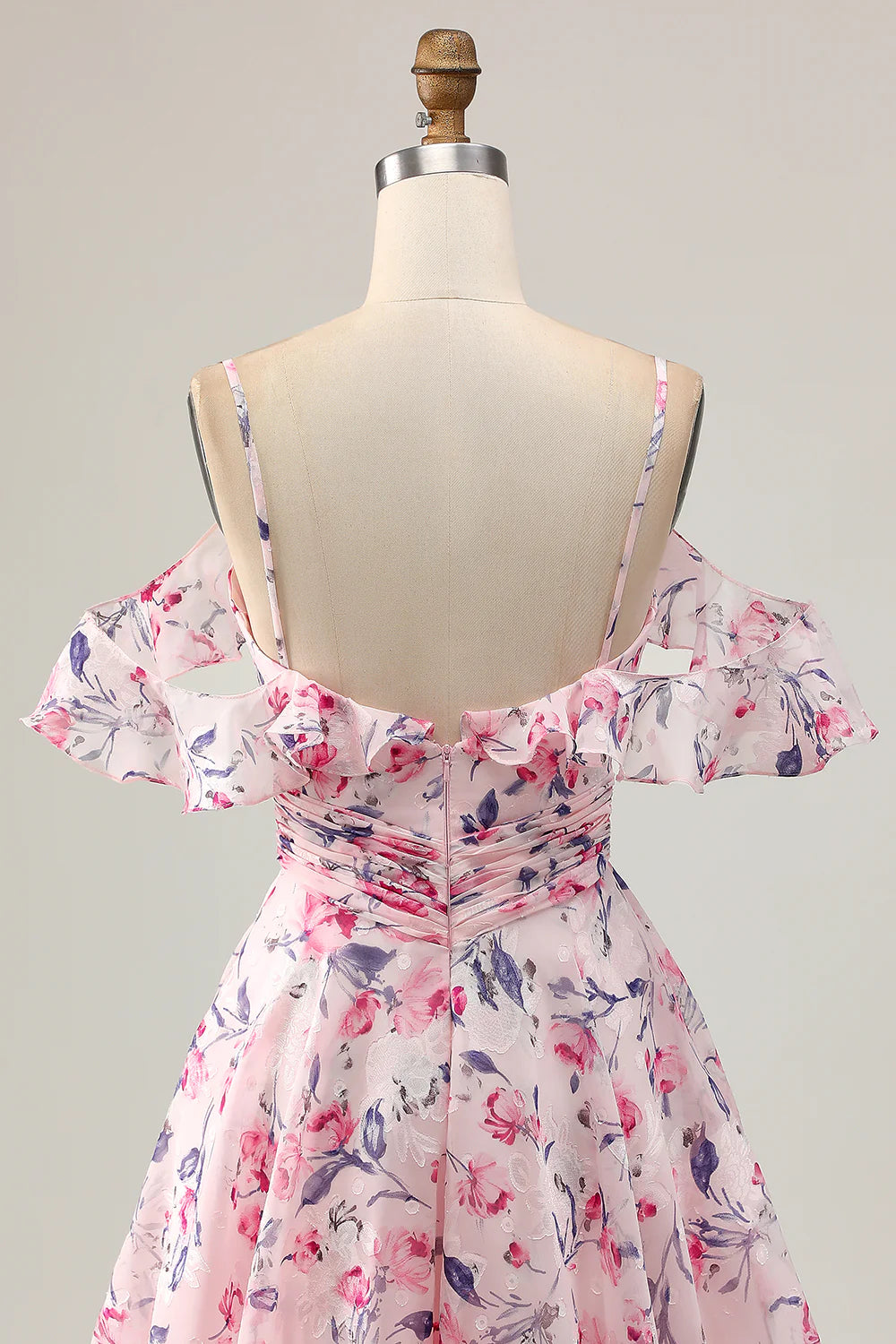 Pink Floral Pleated V Neck Spaghetti Straps A Line Cold Shoulder Short Homecoming Dress