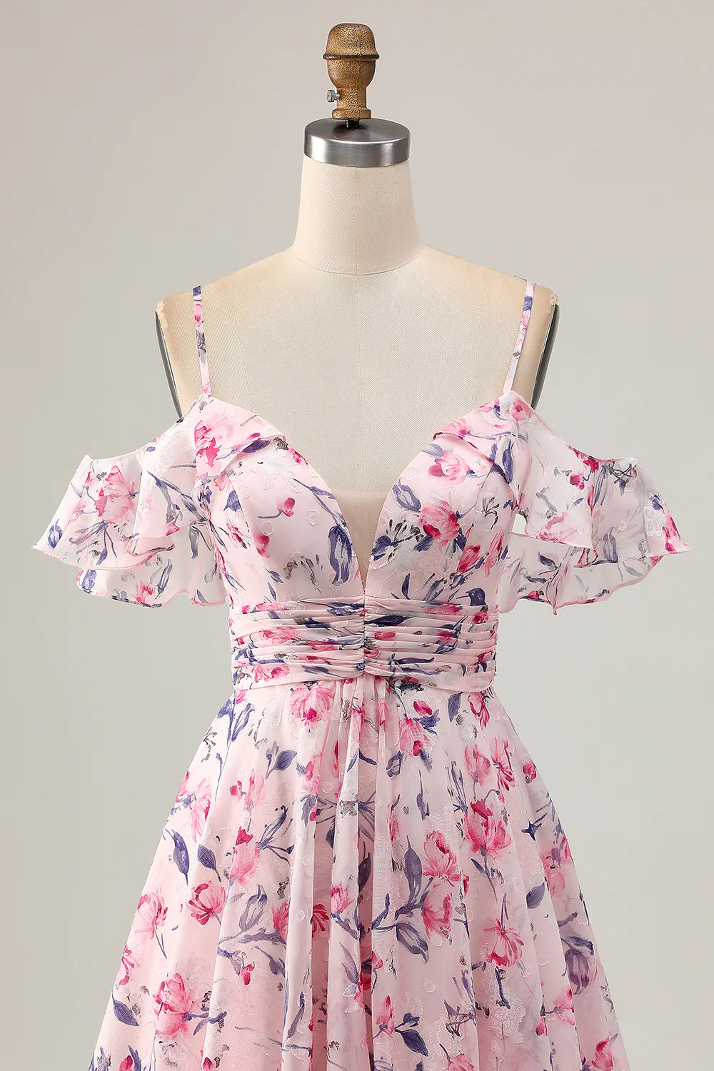 Pink Floral Pleated V Neck Spaghetti Straps A Line Cold Shoulder Short Homecoming Dress