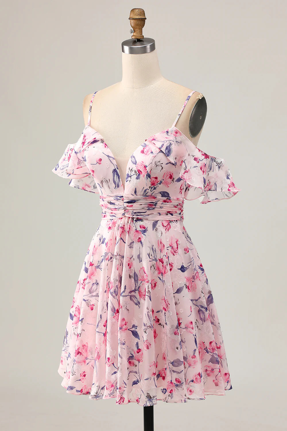 Pink Floral Pleated V Neck Spaghetti Straps A Line Cold Shoulder Short Homecoming Dress