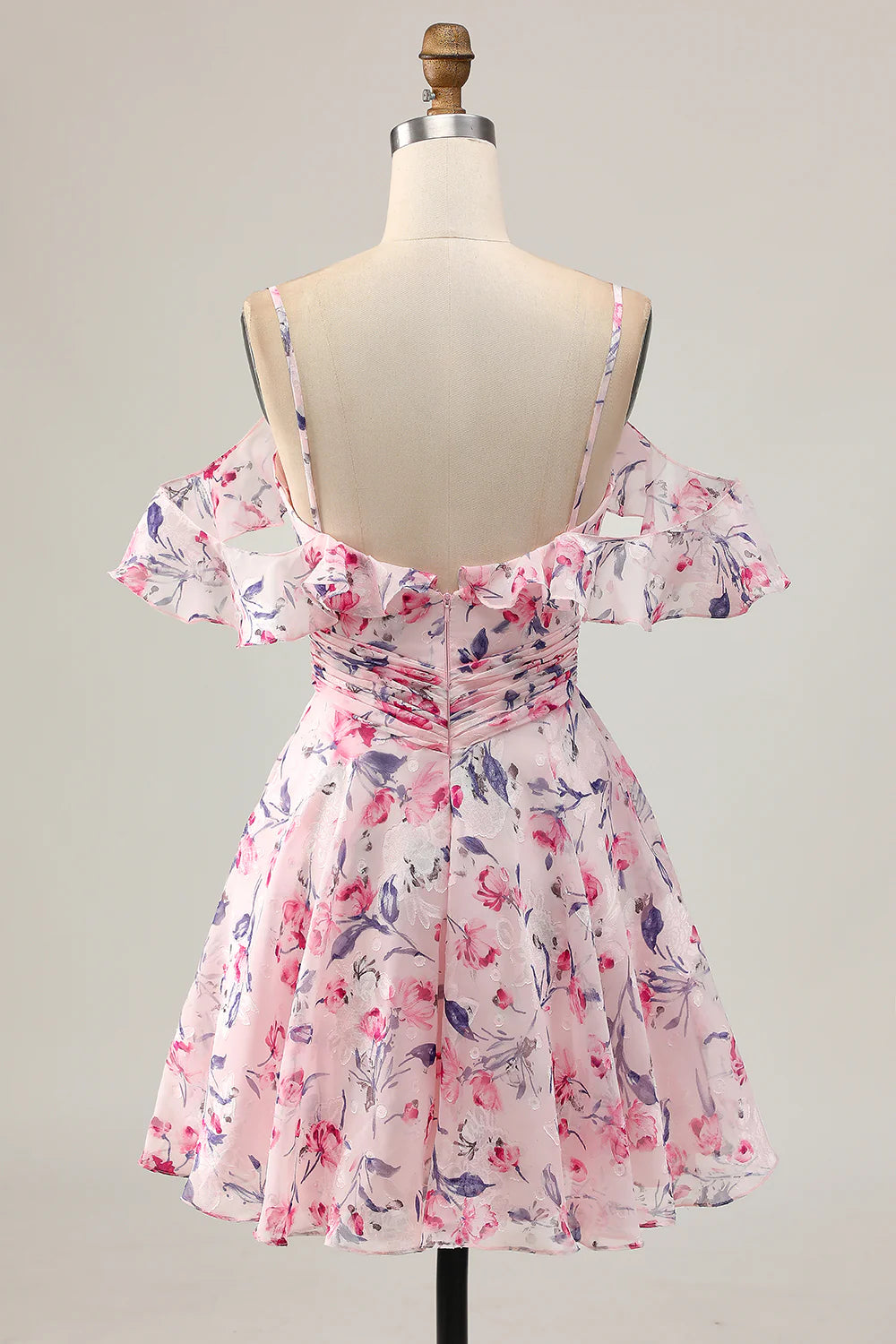 Pink Floral Pleated V Neck Spaghetti Straps A Line Cold Shoulder Short Homecoming Dress