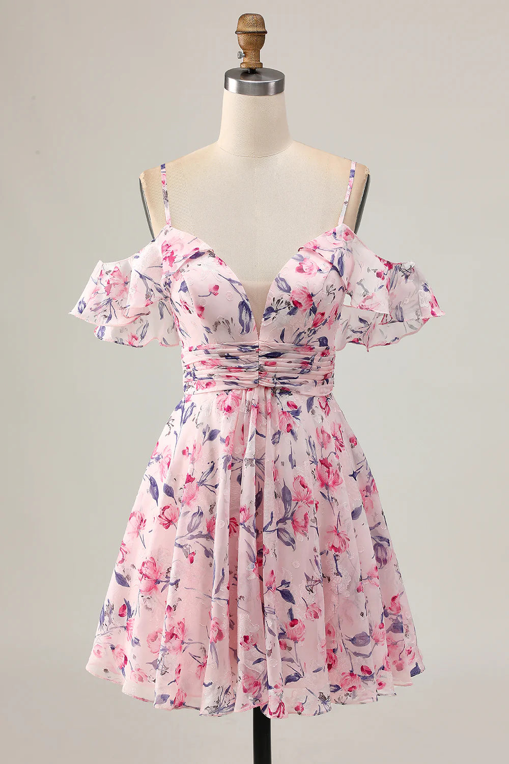 Pink Floral Pleated V Neck Spaghetti Straps A Line Cold Shoulder Short Homecoming Dress