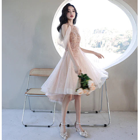 Pink High Low Tulle with Applique Off Shoulder Homecoming Dress  Prom Dress Graduation Dress