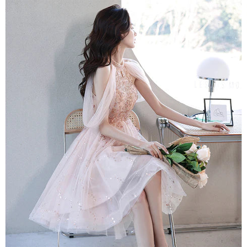 Pink High Low Tulle with Applique Off Shoulder Homecoming Dress  Prom Dress Graduation Dress