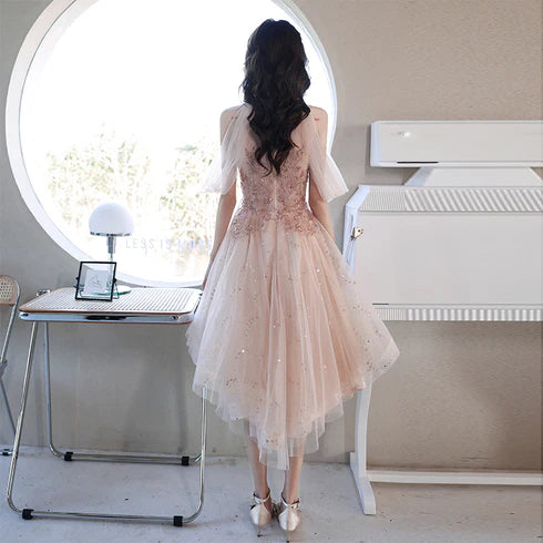 Pink High Low Tulle with Applique Off Shoulder Homecoming Dress  Prom Dress Graduation Dress