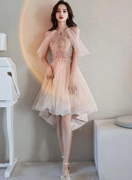Pink High Low Tulle with Applique Off Shoulder Homecoming Dress  Prom Dress Graduation Dress