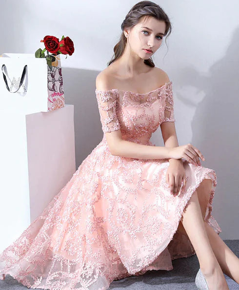 Pink Lace High Low Off Shoulder Scoop Party Dresses Homecoming Dresses