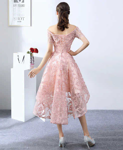 Pink Lace High Low Off Shoulder Scoop Party Dresses Homecoming Dresses