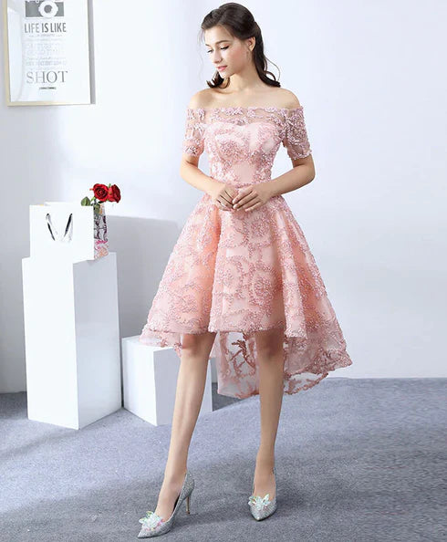 Pink Lace High Low Off Shoulder Scoop Party Dresses Homecoming Dresses