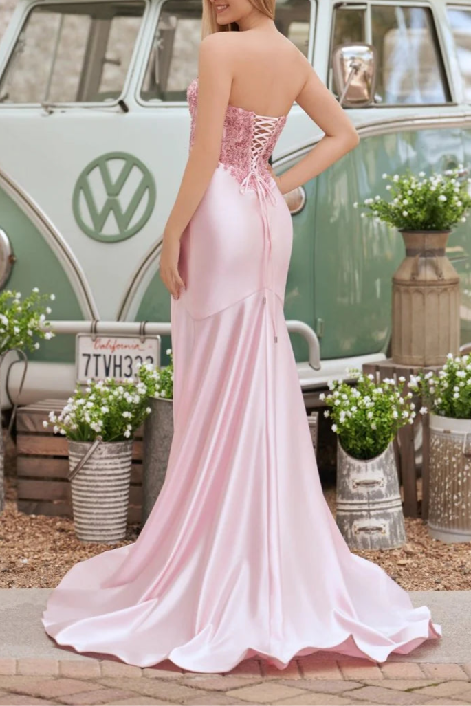 Pink Lace Satin Sequins Sweetheart Neck Mermaid Slit Evening Dress With Train