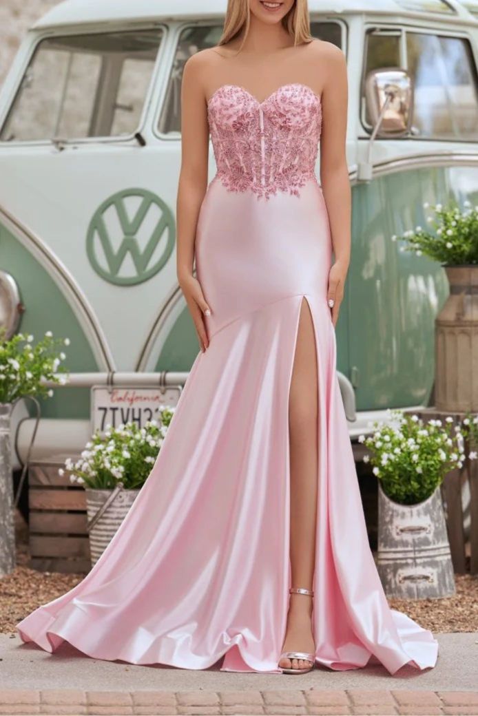 Pink Lace Satin Sequins Sweetheart Neck Mermaid Slit Evening Dress With Train