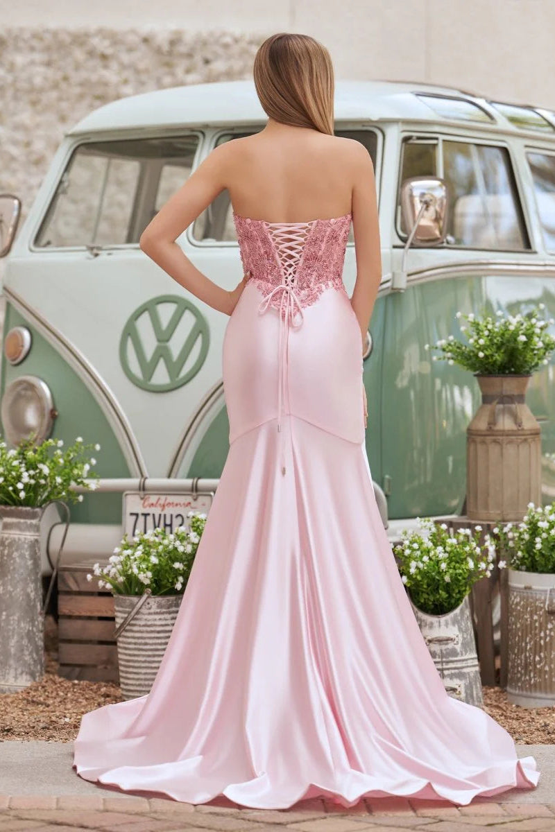 Pink Lace Satin Sequins Sweetheart Neck Mermaid Slit Evening Dress With Train