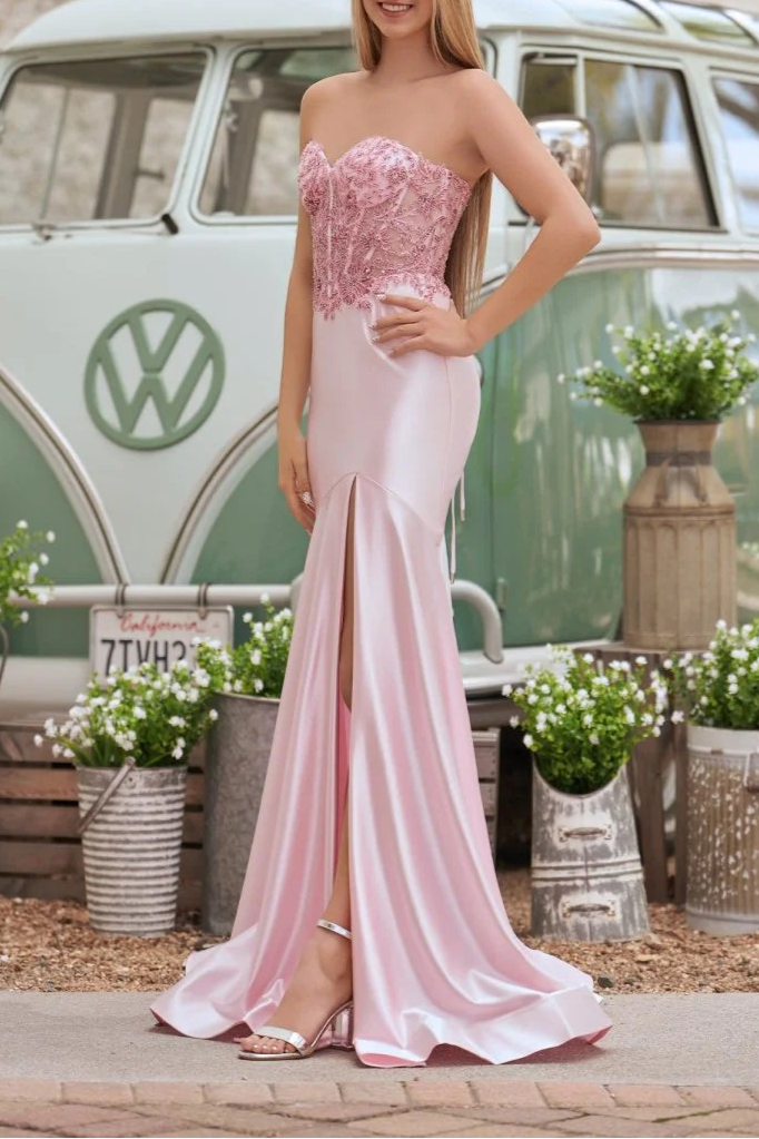 Pink Lace Satin Sequins Sweetheart Neck Mermaid Slit Evening Dress With Train