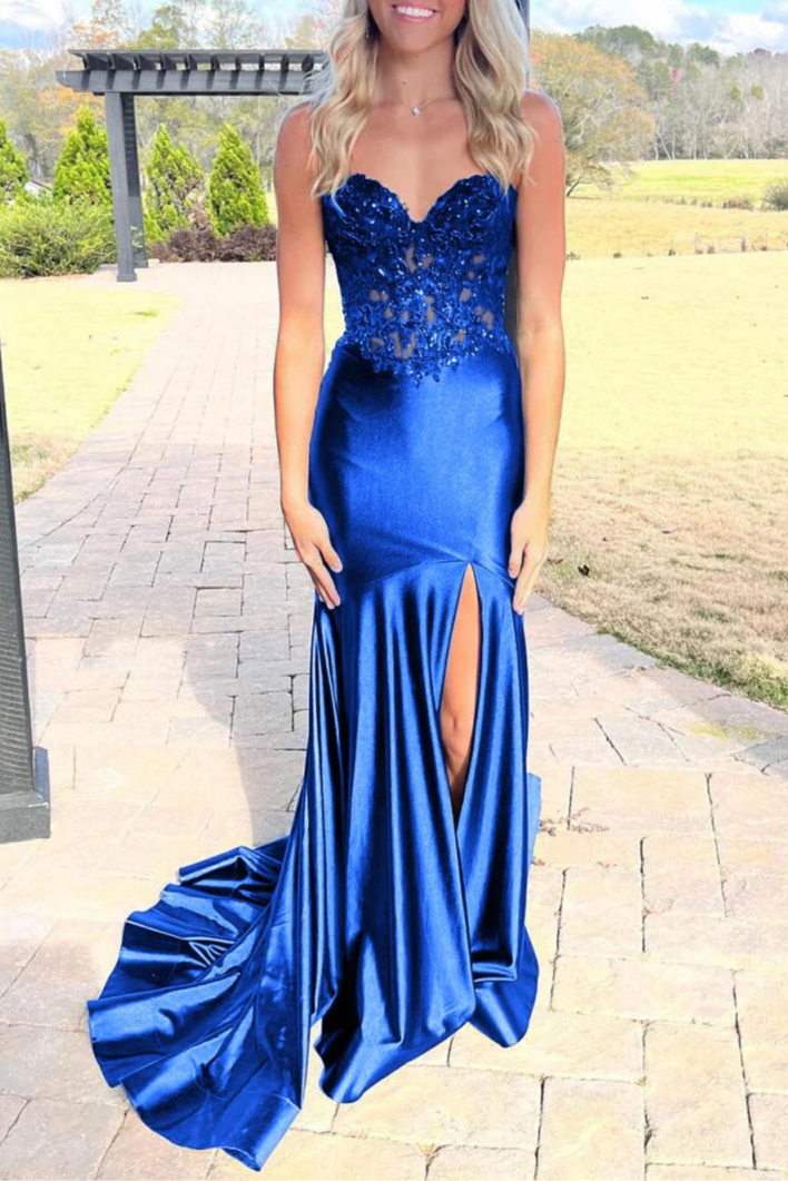 Pink Lace Satin Sequins Sweetheart Neck Mermaid Slit Evening Dress With Train