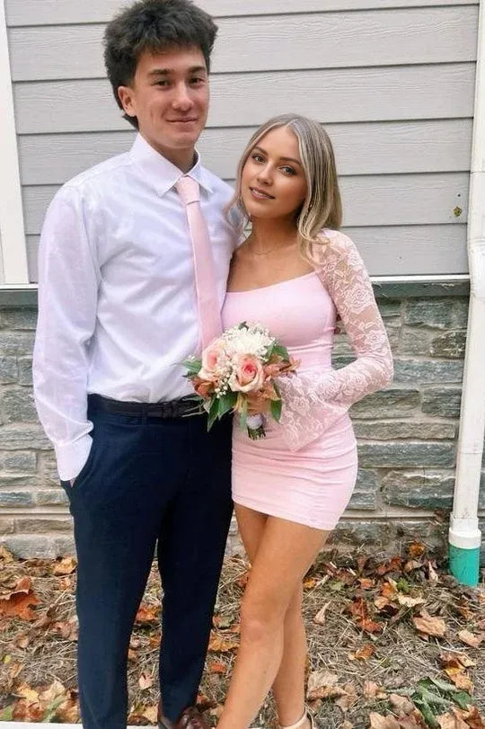 Pink Lace Square Neck Long Sleeves Pleated Scoop Neck Mini Homecoming Party Dress