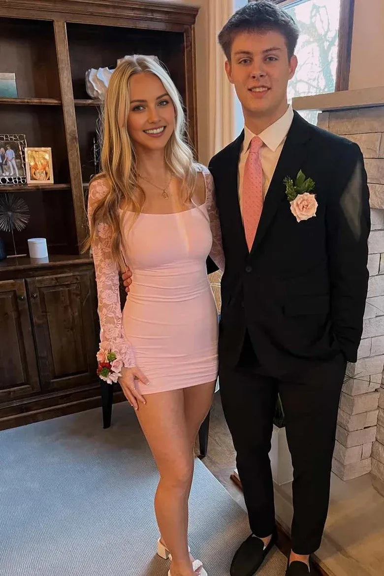 Pink Lace Square Neck Long Sleeves Pleated Scoop Neck Mini Homecoming Party Dress