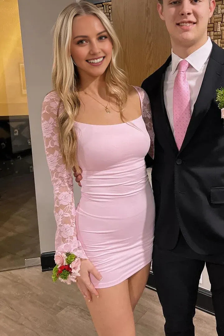 Pink Lace Square Neck Long Sleeves Pleated Scoop Neck Mini Homecoming Party Dress