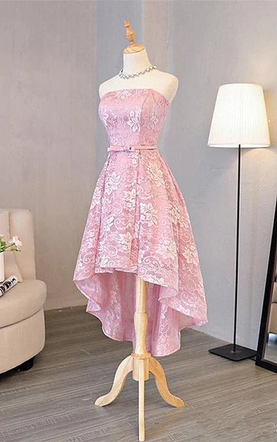 Pink Lace Tube Top High Low Scoop Short Homecoming Dress Prom Dress