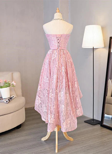 Pink Lace Tube Top High Low Scoop Short Homecoming Dress Prom Dress