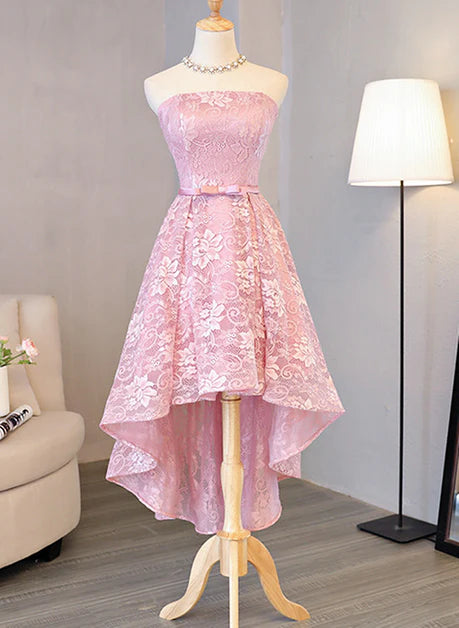 Pink Lace Tube Top High Low Scoop Short Homecoming Dress Prom Dress