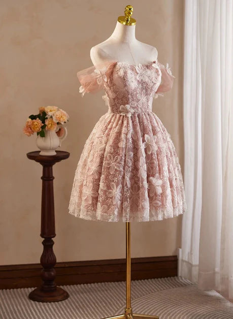 Pink Lace With Applique Off Shoulder Knee Length Party Dress Homecoming Dress