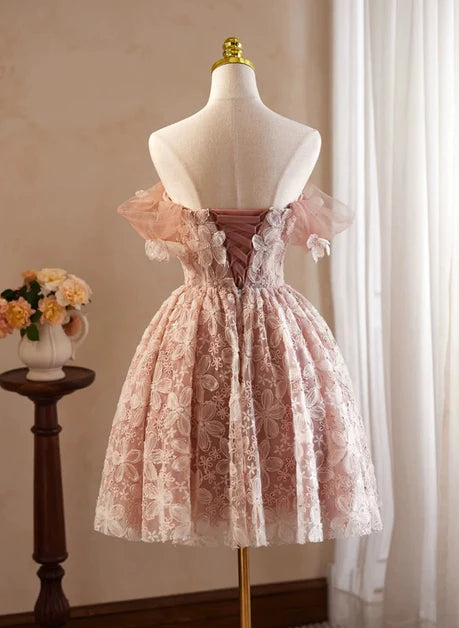 Pink Lace With Applique Off Shoulder Knee Length Party Dress Homecoming Dress