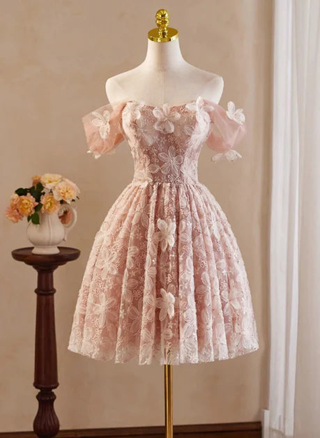 Pink Lace With Applique Off Shoulder Knee Length Party Dress Homecoming Dress
