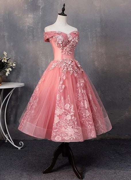Pink Lace With Applique Off Shoulder Party Dress Prom Dress Homecoming Dresses