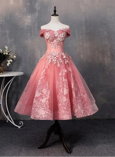 Pink Lace With Applique Off Shoulder Party Dress Prom Dress Homecoming Dresses
