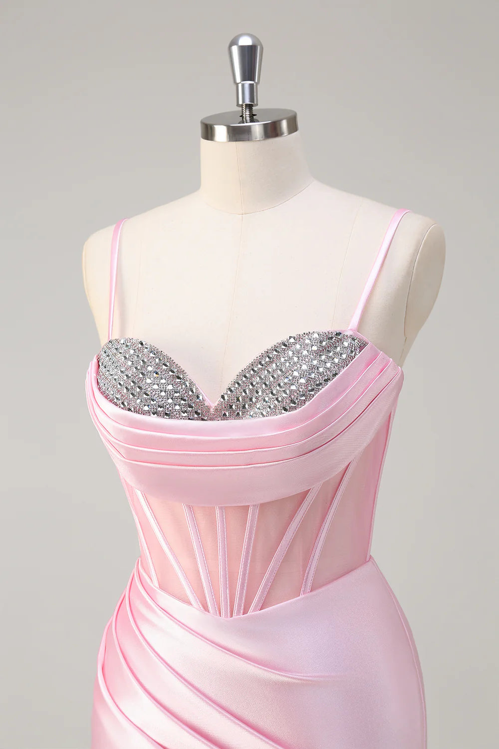 Pink Mermaid Spaghetti Straps Corset Prom Dress With Slit Sweetheart Collar Beaded Party Dress