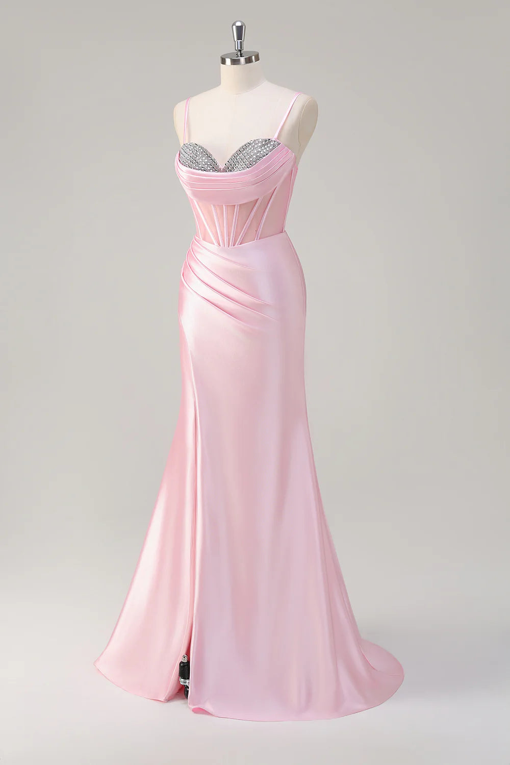 Pink Mermaid Spaghetti Straps Corset Prom Dress With Slit Sweetheart Collar Beaded Party Dress