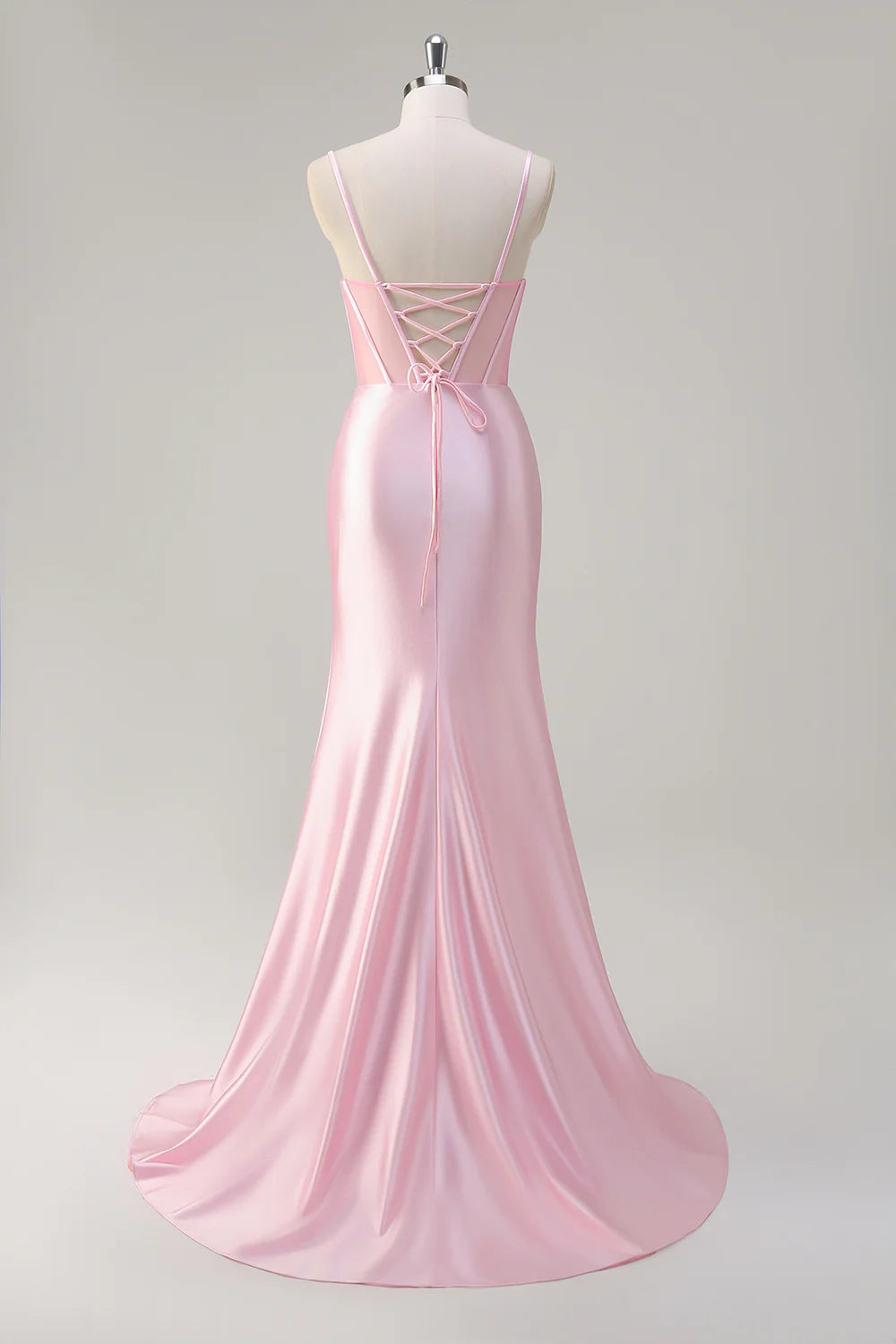 Pink Mermaid Spaghetti Straps Corset Prom Dress With Slit Sweetheart Collar Beaded Party Dress