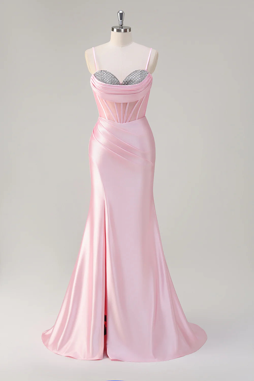 Pink Mermaid Spaghetti Straps Corset Prom Dress With Slit Sweetheart Collar Beaded Party Dress
