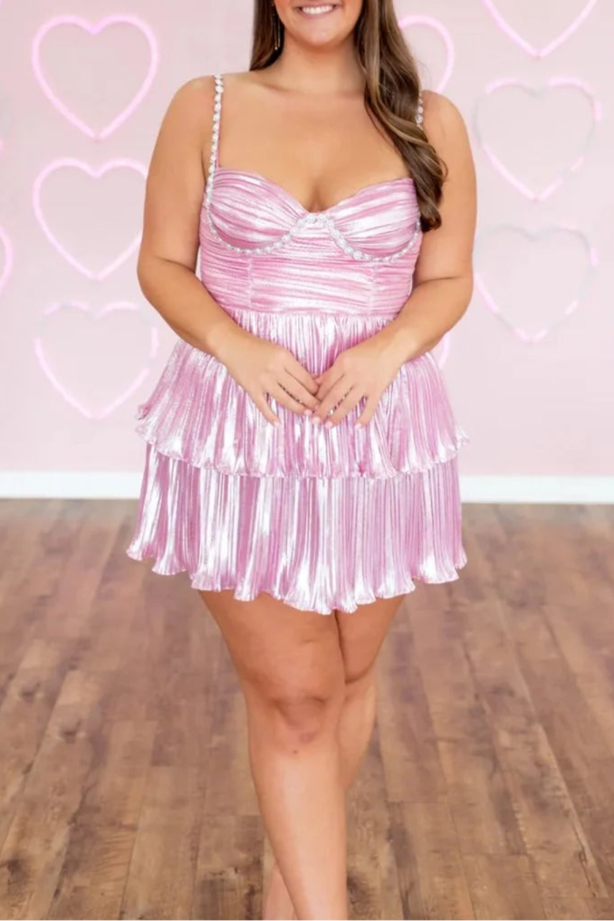 Pink Metallic Pleated Spaghetti Straps Ruffle Tiered A Line Short Homecoming Dresses With Beading