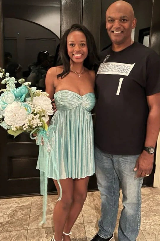 Pink Metallic Satin Strapless A-Line Empire-Waist Pleated Short Homecoming Dress