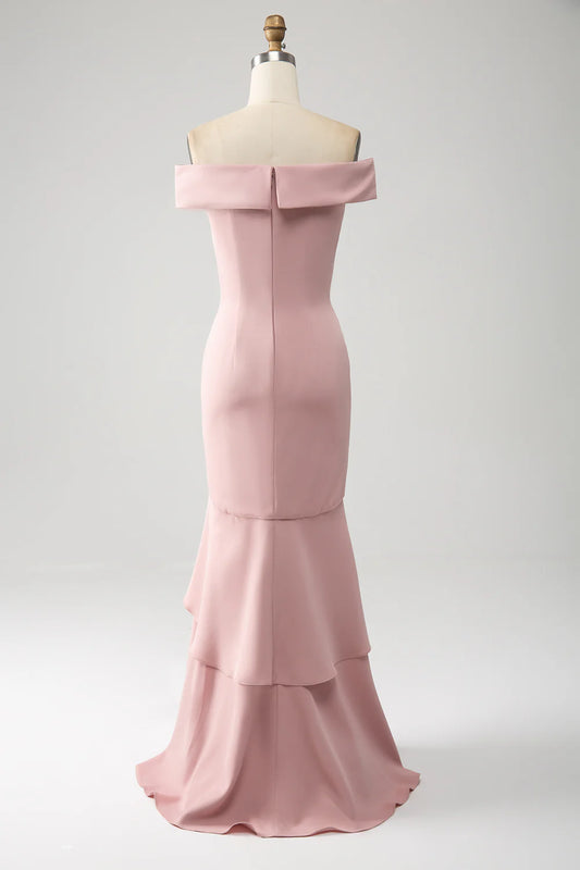 Pink Off Shoulder Mermaid Ruffle High Low Mother of the Bride Dress With Asymmetrical Hem
