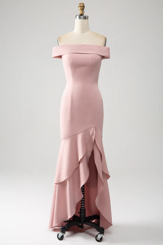 Pink Off Shoulder Mermaid Ruffle High Low Mother of the Bride Dress With Asymmetrical Hem