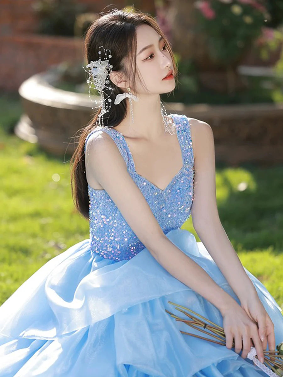 Pink Or Blue Sequins Tulle Layers Straps A-Line Long Prom Dress Discount Floor Length Evening Dress
