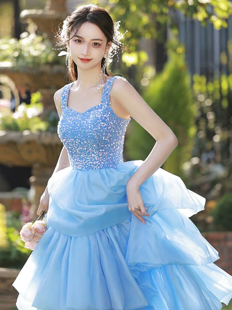 Pink Or Blue Sequins Tulle Layers Straps A-Line Long Prom Dress Discount Floor Length Evening Dress