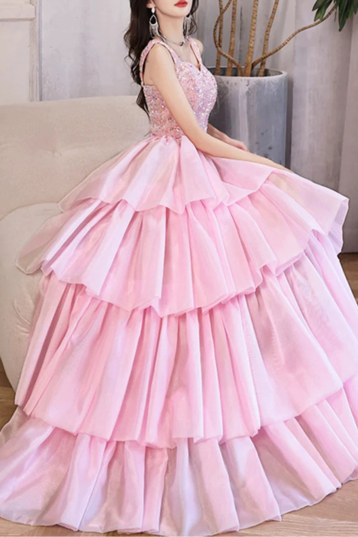 Pink Or Blue Sequins Tulle Layers Straps A-Line Long Prom Dress Discount Floor Length Evening Dress