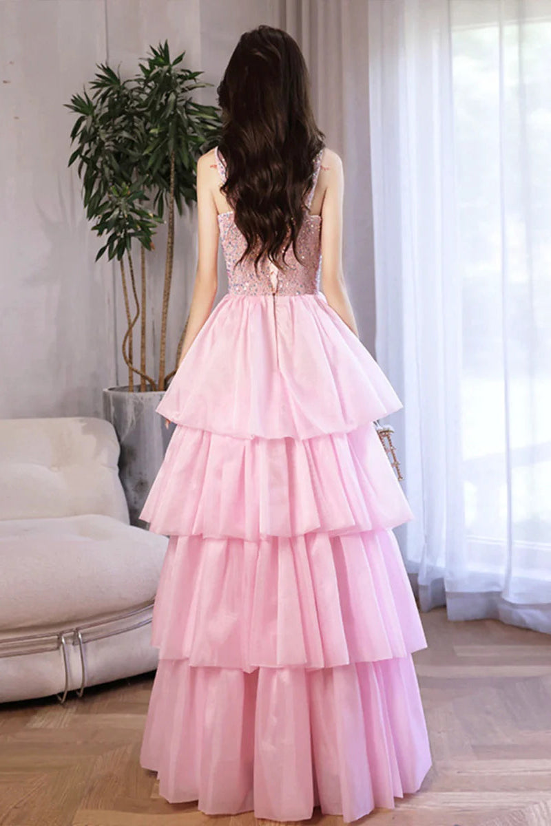 Pink Or Blue Sequins Tulle Layers Straps A-Line Long Prom Dress Discount Floor Length Evening Dress