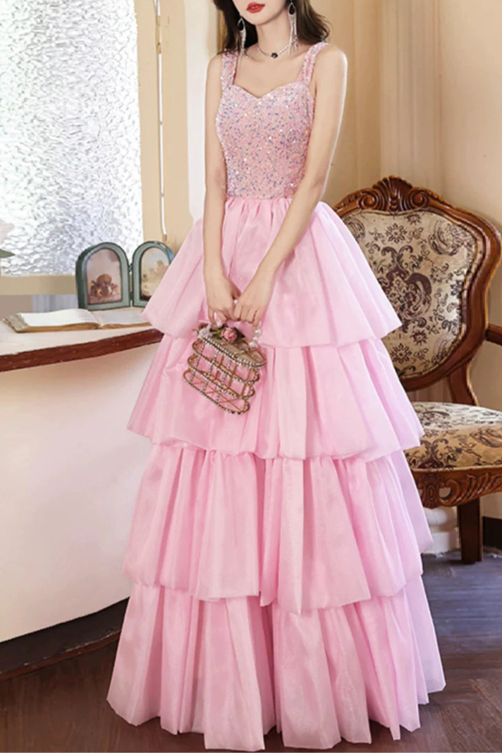 Pink Or Blue Sequins Tulle Layers Straps A-Line Long Prom Dress Discount Floor Length Evening Dress