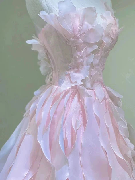 Pink Round Neckline Organza Layers A-line With Applique Long Party Dress Prom Dress