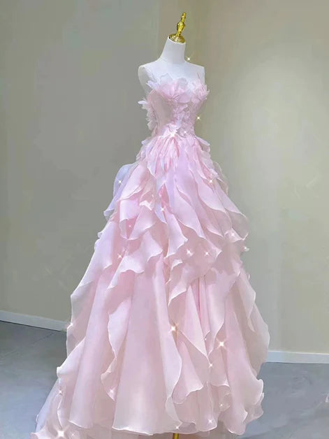 Pink Round Neckline Organza Layers A-line With Applique Long Party Dress Prom Dress
