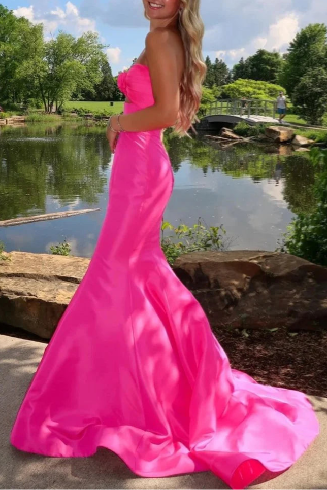 Pink Satin 3D Rose Strapless Mermaid Sweetheart Neck Cut Out Prom Dress With Train