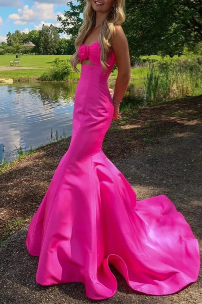 Pink Satin 3D Rose Strapless Mermaid Sweetheart Neck Cut Out Prom Dress With Train