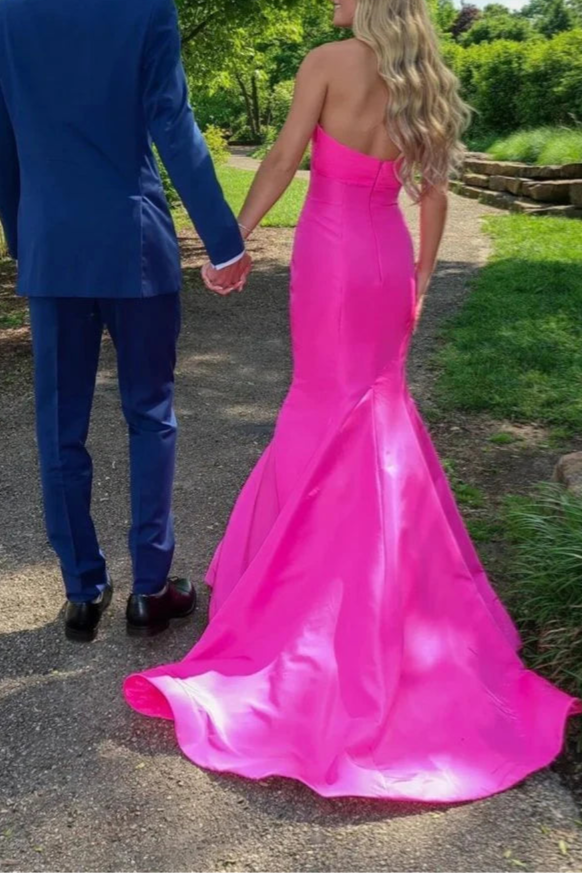 Pink Satin 3D Rose Strapless Mermaid Sweetheart Neck Cut Out Prom Dress With Train