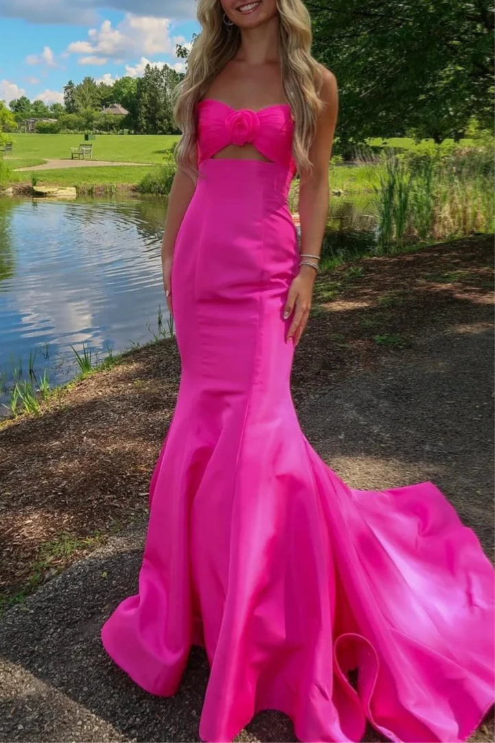 Pink Satin 3D Rose Strapless Mermaid Sweetheart Neck Cut Out Prom Dress With Train