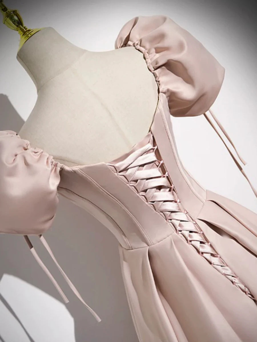 Pink Satin A-Line Bodycon Floor Length Prom Dress Off Shoulder Short Sleeve Evening Dress