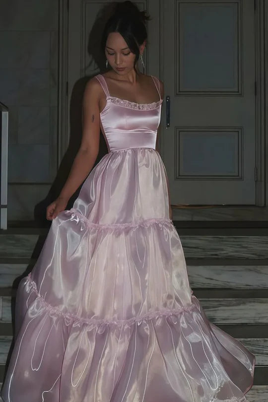 Pink Satin A-Line High Waist Sleeveless Long Ball Gown