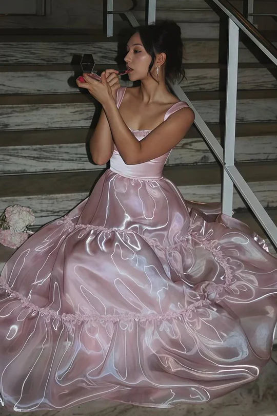 Pink Satin A-Line High Waist Sleeveless Long Ball Gown